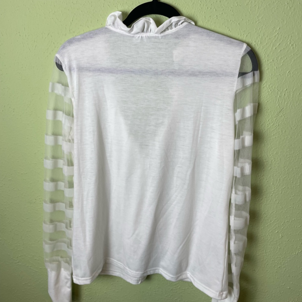 Misslook White Ruffle Top with Sheer Striped Long Sleeves - Picture 3 of 5